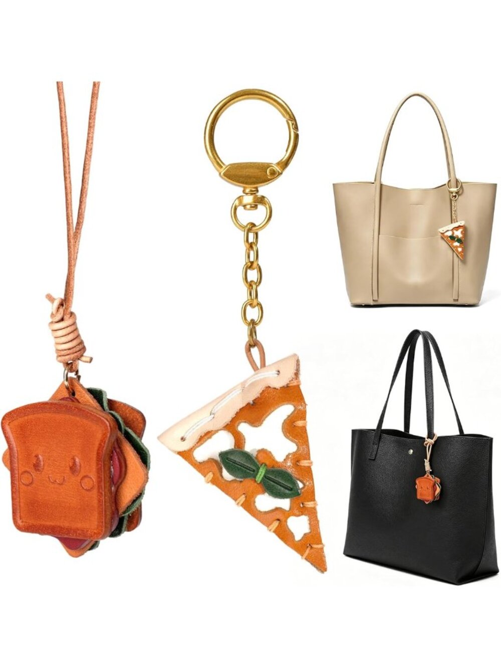 Set of 2 Leather Handbag Charms - Fun Pizza & Sandwich Purse Keychains
